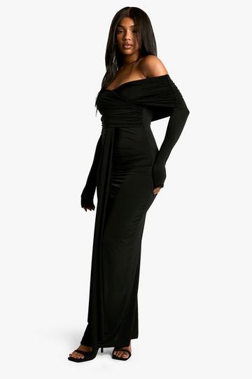 Ruched Bardot Long Sleeve Maxi Dress black