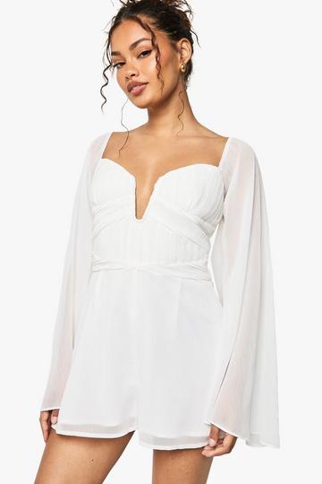 Chiffon Pleated Long Sleeve Playsuit white