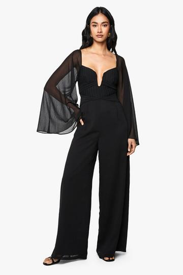 Chiffon Pleated Long Sleeve Jumpsuit black