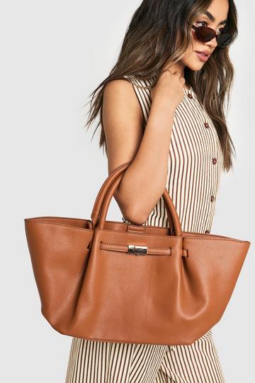 Clasp Detail Textured PU Tote Bag cream