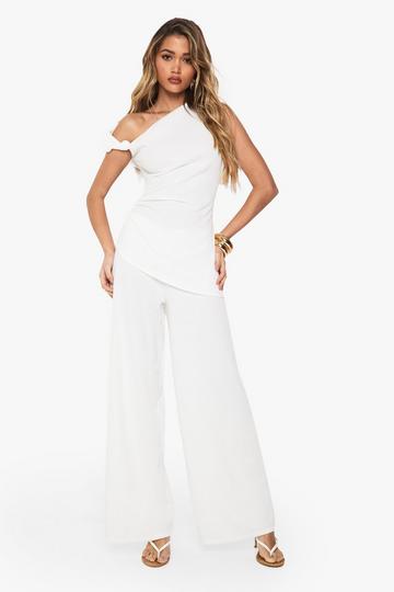 Ecru White Textured Wide Leg Trouser