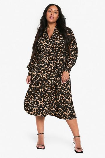 Multi PLUS LEOPARD PRINT BELTED SKATER DRESS