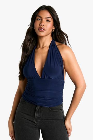 Slinky Halterneck Ruched Body Top navy