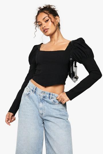 Bengaline Puff sleeve Square neck top black