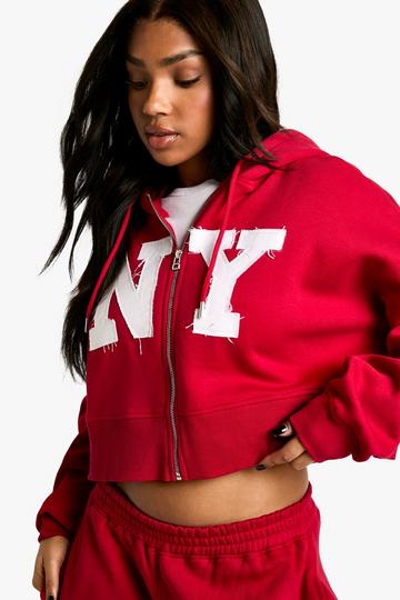 Red NY Self Fabric Applique Boxy Zip Through Hoodie