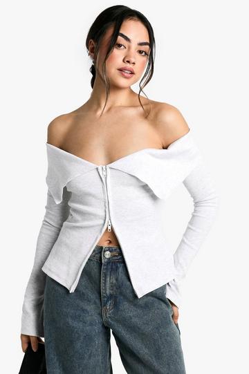 Grey Double Zip Bardot Rib Top