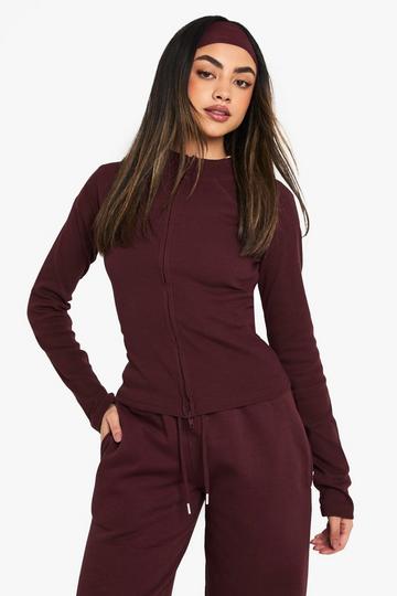 Ribbed Zip Through Sweatshirt chocolate