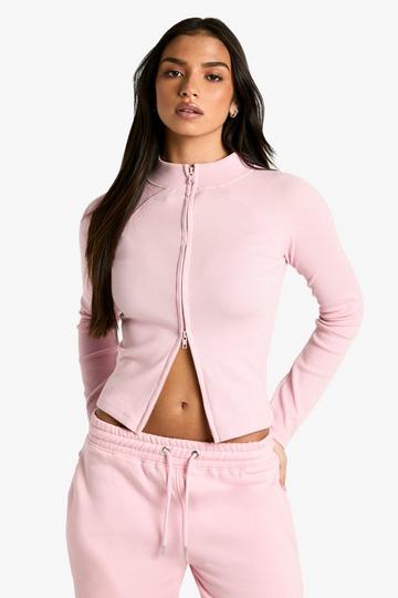 Rib zip through top pink