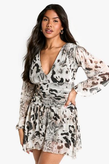 Printed Animal Mesh Ruched Waist Mini Dress brown