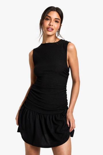 Textured Slash Neck Drop Waist Mini Dress black