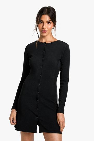 Ribbed Button Down Smock Mini Dress black