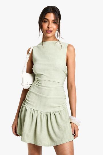 Sage Green Textured Slash Neck Drop Waist Mini Dress