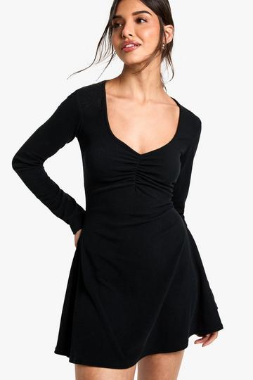 Ribbed Ruched Detail V Neck Mini Dress black