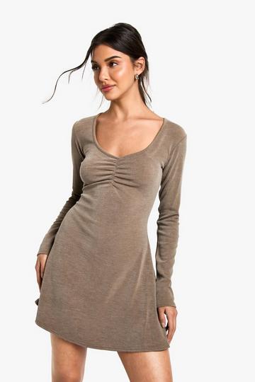 Ribbed Ruched Detail V Neck Mini Dress taupe