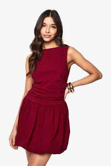 Burgundy Red Tailored Slash Neck Puff Ball Mini Dress