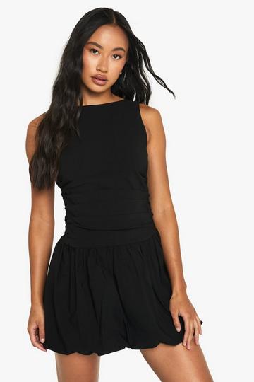 Black Tailored Slash Neck Puff Ball Mini Dress