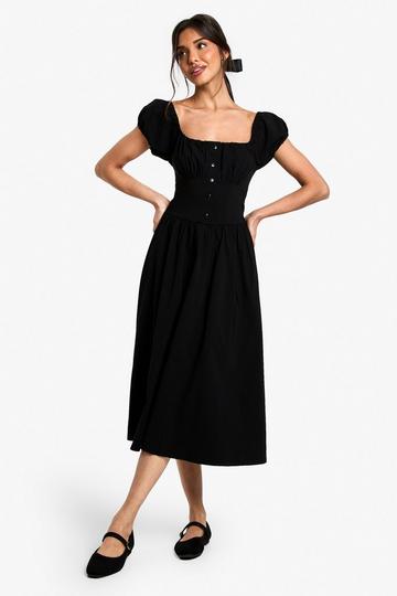 Puff sleeve Milkmaid Midi Dress black