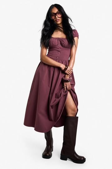 Puff sleeve Milkmaid Midi Dress mauve