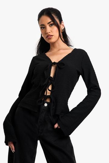 Textured Tie Front Long Sleeve Top black