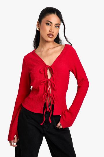 Textured Tie Front Long Sleeve Top red