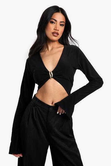 Double Layer Slinky Trim Detail Long Sleeve Top black