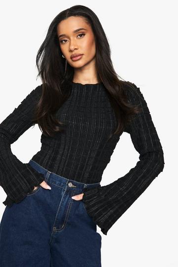 Textured Long Sleeve Flared Sleeve Bodysuit black