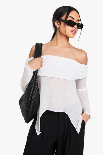 Sheer Mesh Bardot Top with Drape Detail white
