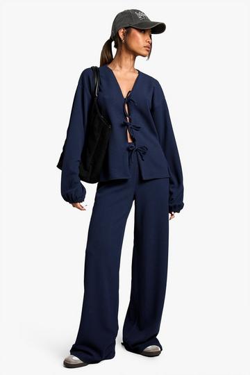 Geribbelde Blouse Met Strik En Broek Set navy