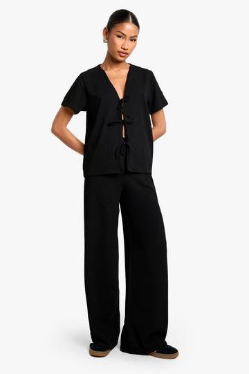 Rib Tie Front Short Sleeve Top and Trouser Co-ord black