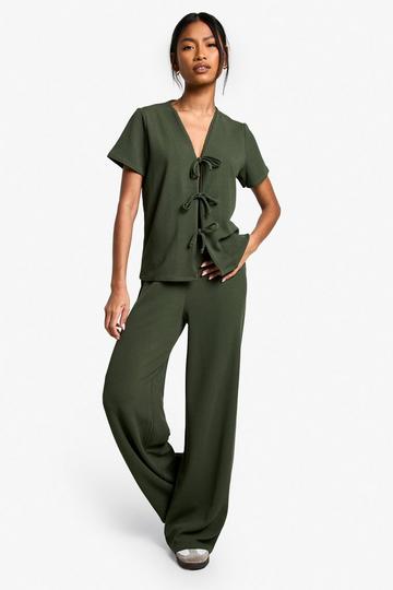 Rib Tie Front Short Sleeve Top and Trouser Co-ord khaki