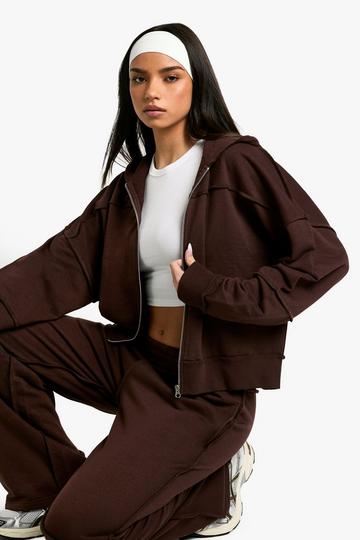 Exposed Seam Oversized Zip Through Hoodie chocolate