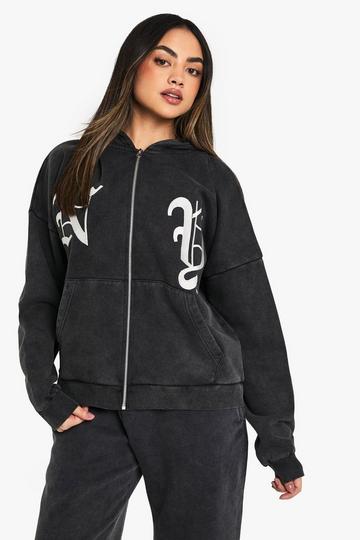 NY Embroidered Oversized Zip Through Hoodie charcoal