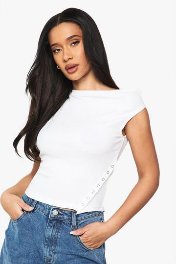 RIBBED ASYM POPPER ONE SHOULDER TOP white