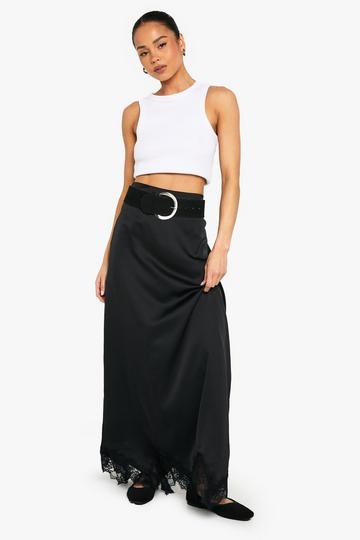 Black Satin Lace Trim Maxi Slip Skirt