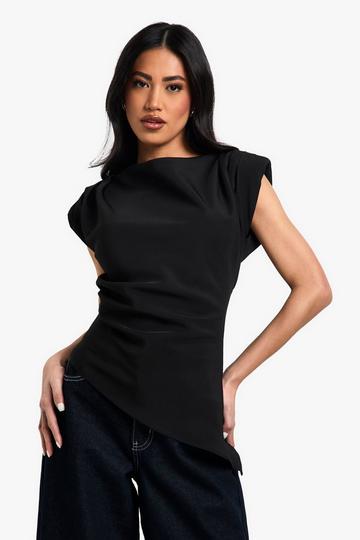 Gathered Shoulder Pad Asymmetric Blouse black