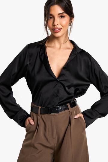 Satin V-neck Button Up Shirt black