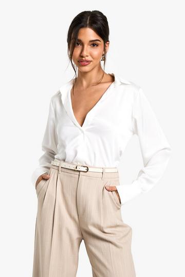 Satin V-neck Button Up Shirt white