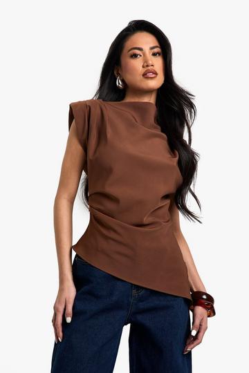 Gathered Shoulder Pad Asymmetric Blouse chocolate