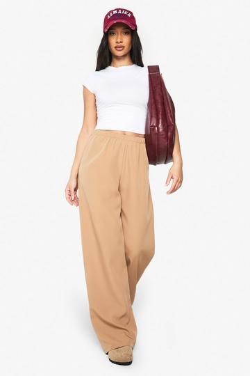 Camel Beige Geweven Elastische Wide Leg Broek