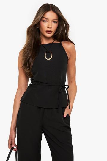 Woven Strappy High Neck Tie Waist Top black