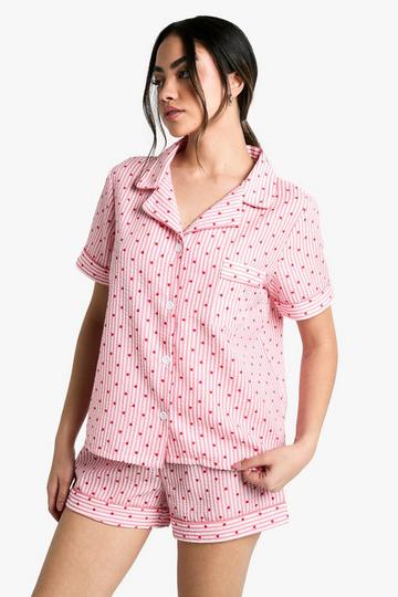 Heart Stripe Shirt & Short Pyjama Set red