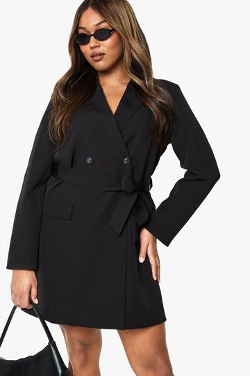 Plus Geweven Getailleerde Blazer Jurk Met Obi Riem black