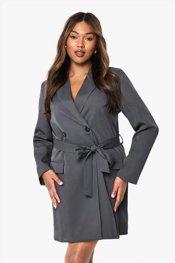 Grey Plus Woven Tailored Obi Belt Blazer Dress