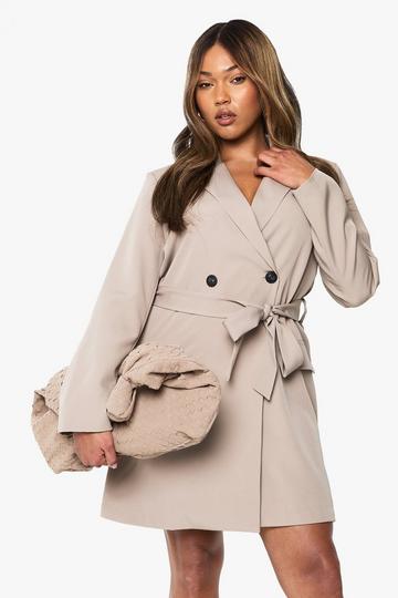 Plus Geweven Getailleerde Blazer Jurk Met Obi Riem taupe