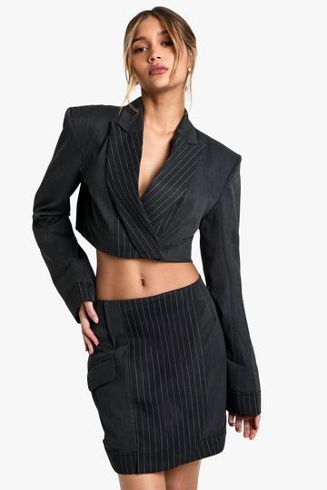 Tailored Pinstripe Detail Cropped Blazer charcoal