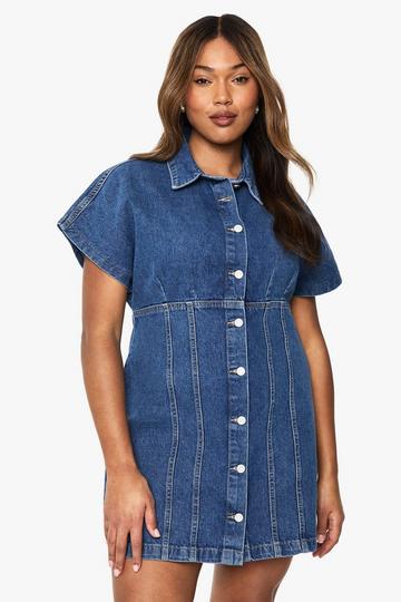 Plus Button Down Denim Mini Dress mid blue