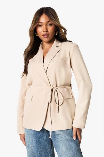 Stone Beige Plus Shoulder Pad Belted Blazer