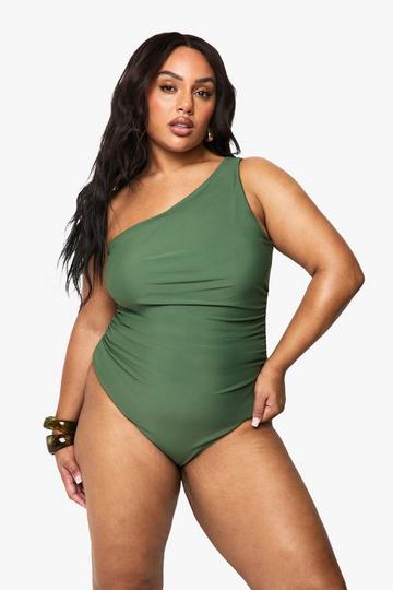 Plus Tummy Control One Shoulder Swimsuit khaki