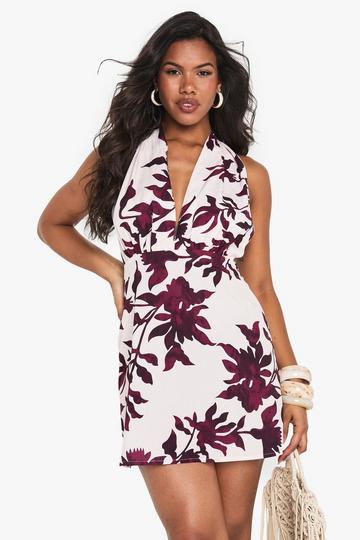 Palm Print Halterneck Skater Mini Dress ivory