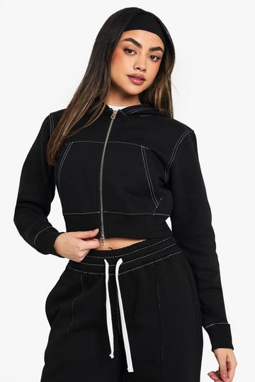 Contrast Stitch Shrunken Zip Through Hoodie black